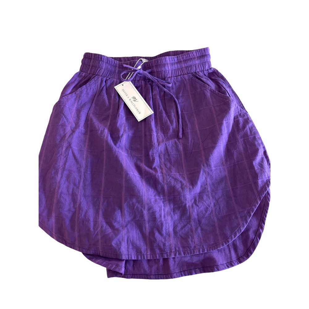 Never A Wallflower Purple Grid Mini Skirt Elastic Waist Drawstring XS New